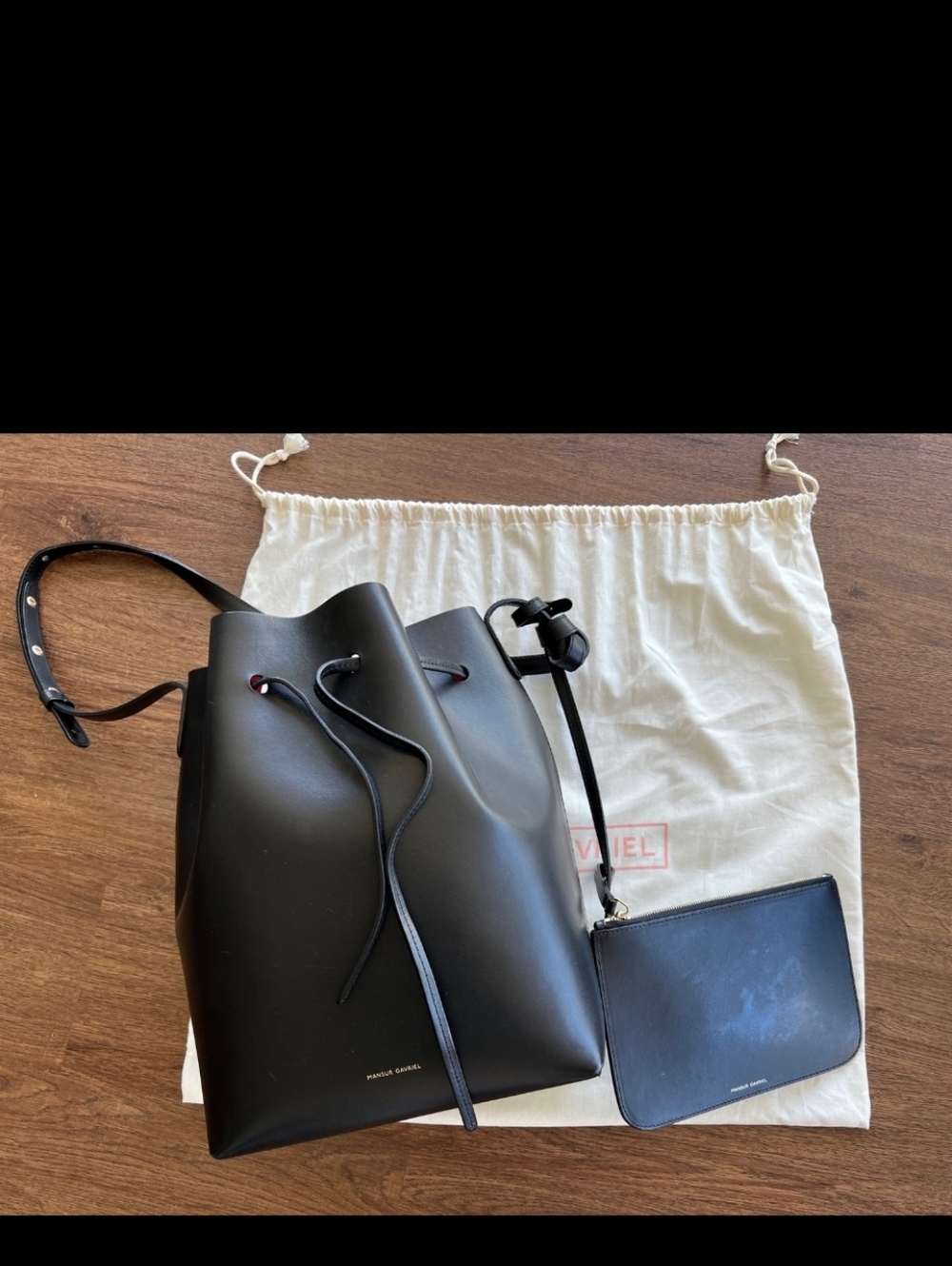 Mansur Gavriel Black Leather Drawstring Bucket Bag with Pouch